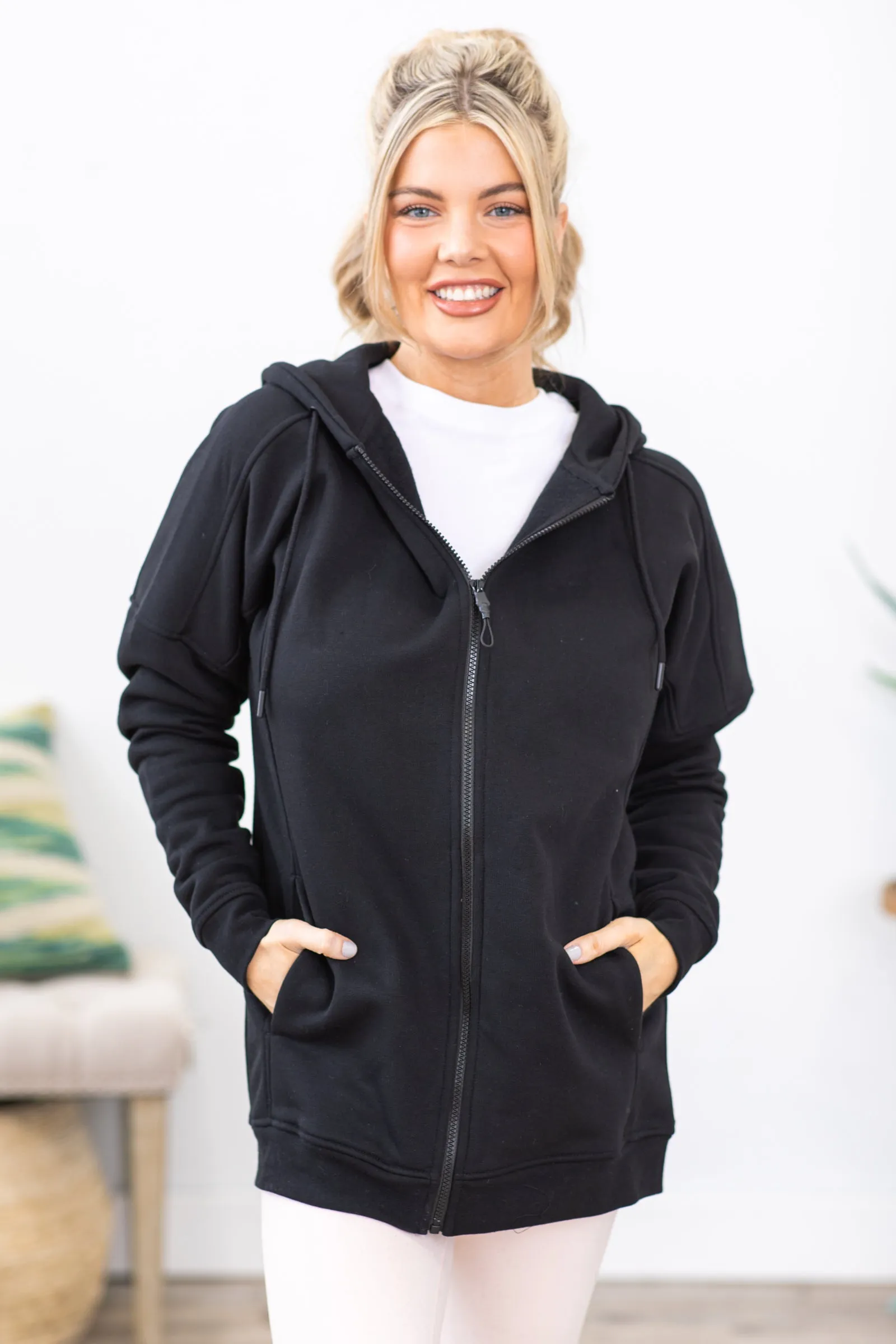 Black Long Fleece Lined Full Zip Hoodie