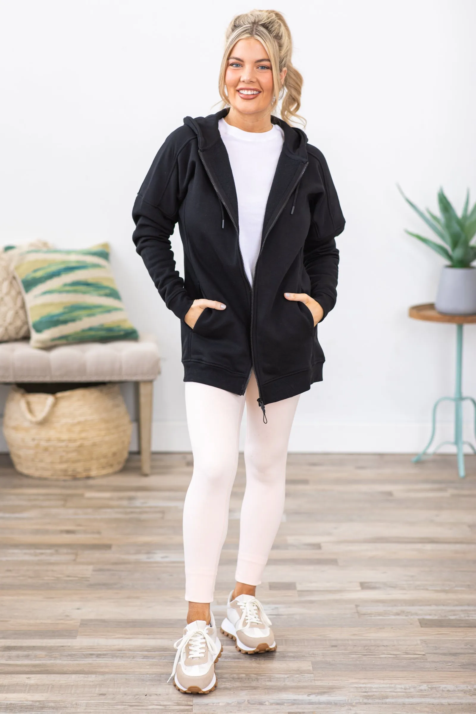 Black Long Fleece Lined Full Zip Hoodie