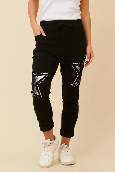 Black Silver Star Sequin Stretch Jogger