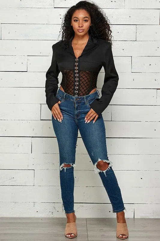 Cutouts Net Cropped Shirt Jacket