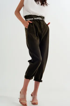 Dad jeans with paper bag waist in khaki