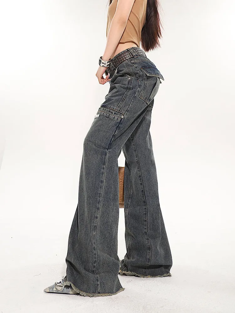 Dark-Wash Denim Jeans with Raw Hem