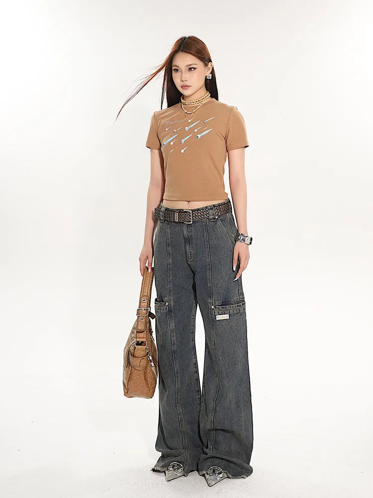 Dark-Wash Denim Jeans with Raw Hem