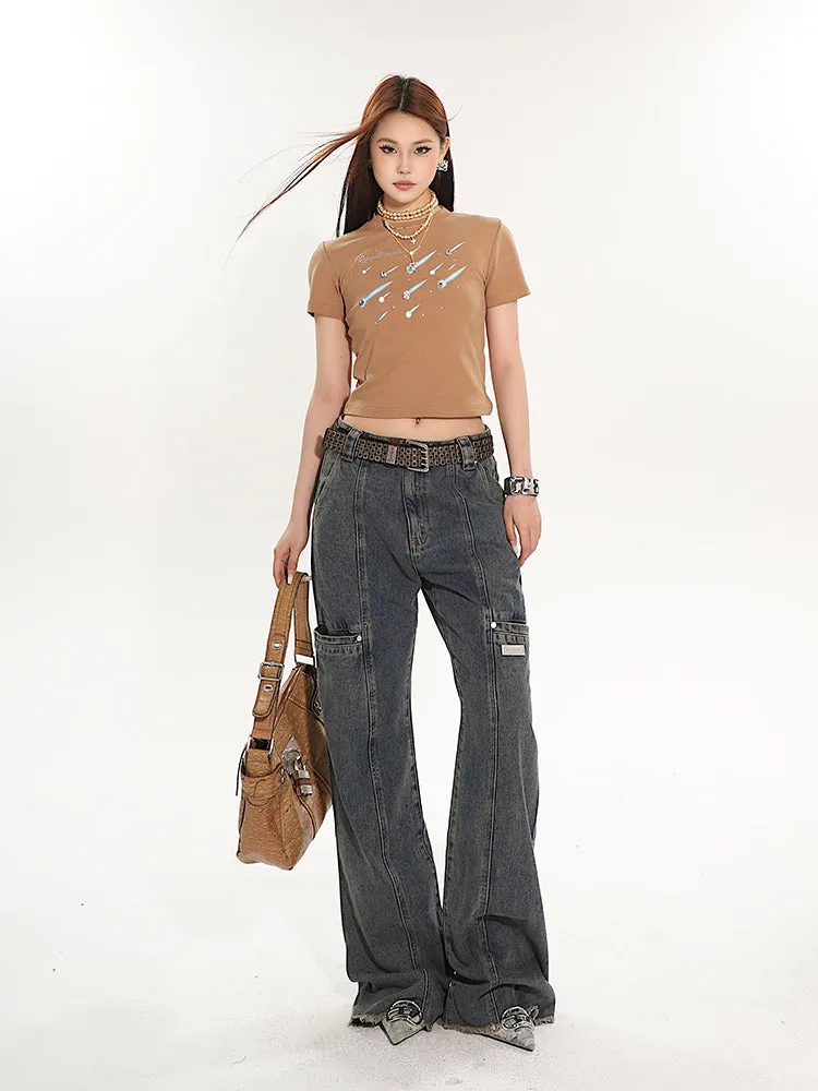 Dark-Wash Denim Jeans with Raw Hem