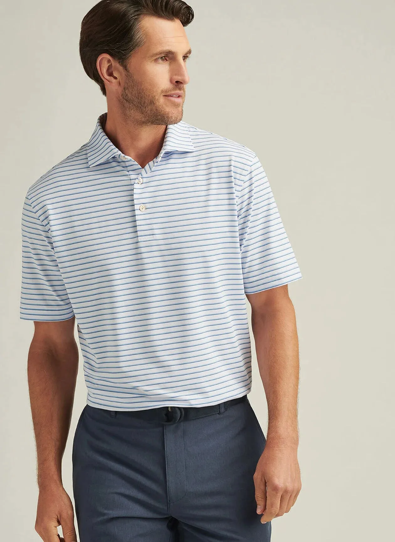 Dunnes Performance Jersey Polo by Peter Millar - White w/ Cottage Blue