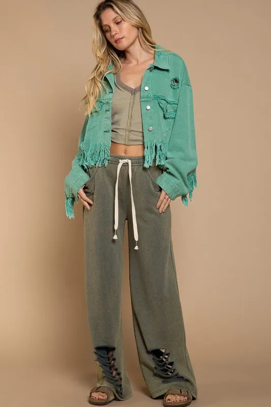 FRINGE DISTRESSED CROP DENIM JACKET