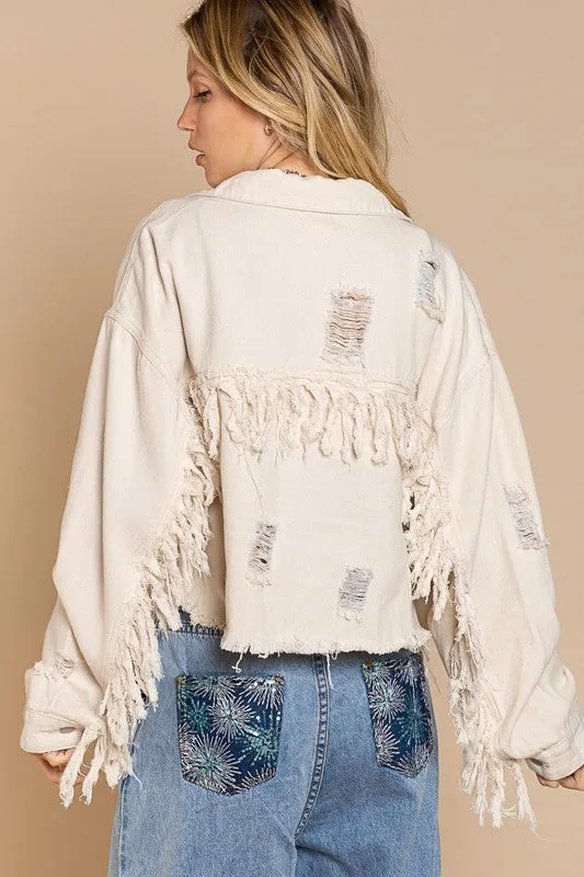 FRINGE DISTRESSED CROP DENIM JACKET