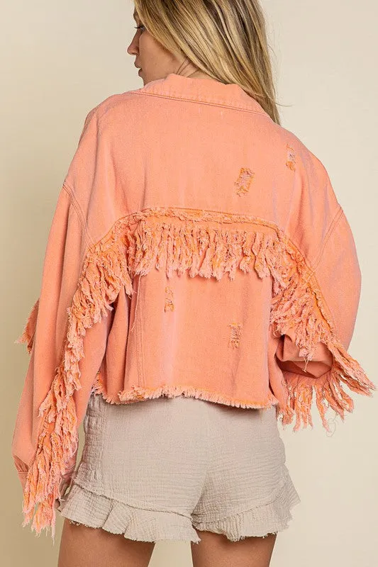 FRINGE DISTRESSED CROP DENIM JACKET