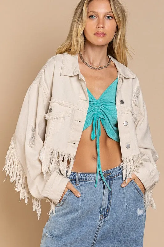 FRINGE DISTRESSED CROP DENIM JACKET