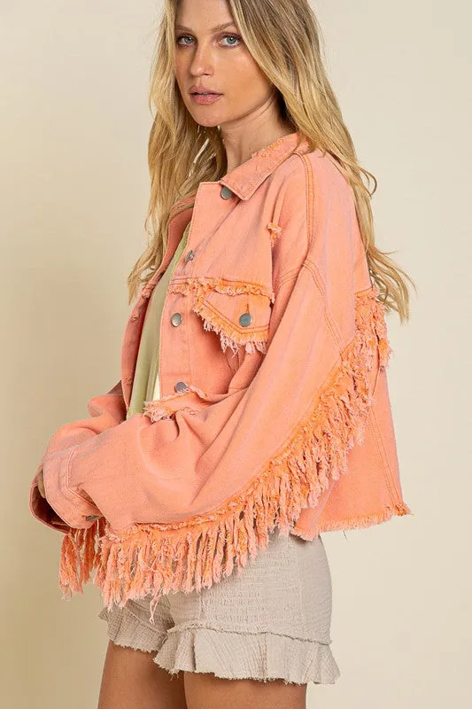 FRINGE DISTRESSED CROP DENIM JACKET