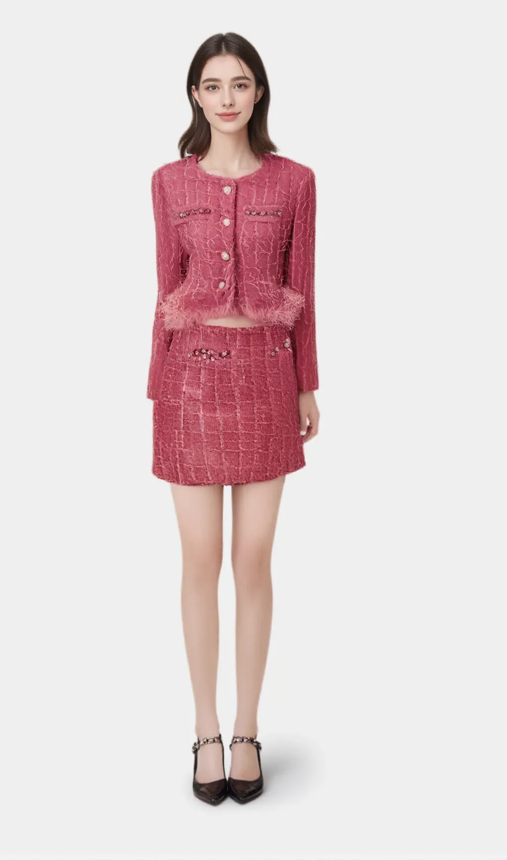 Gisèle tweed fringed jacket & skirt matching set