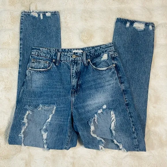 Good American Intentionally Destroyed Distressed High Waist Relaxed Fit JeanSz 6