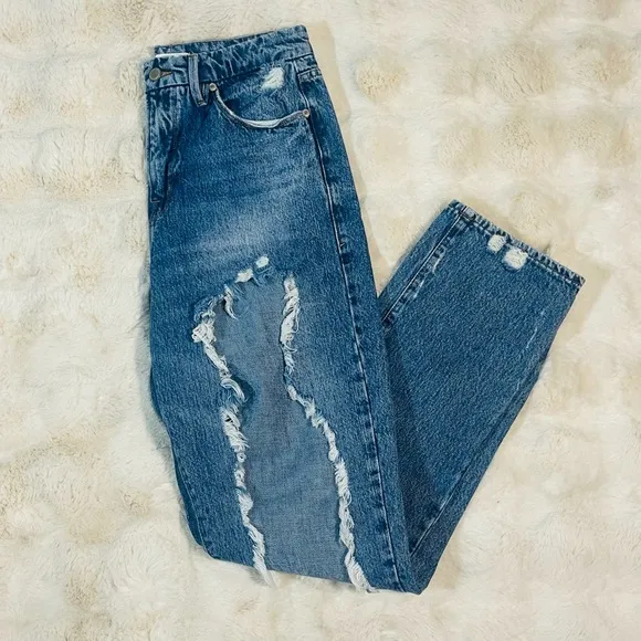 Good American Intentionally Destroyed Distressed High Waist Relaxed Fit JeanSz 6