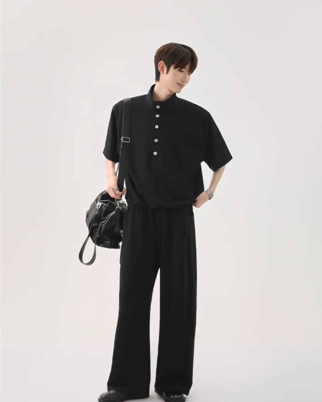 Half Button Short Sleeve Top / Sweat Wide Pants CBJ0119