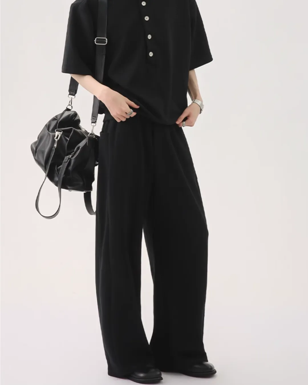 Half Button Short Sleeve Top / Sweat Wide Pants CBJ0119