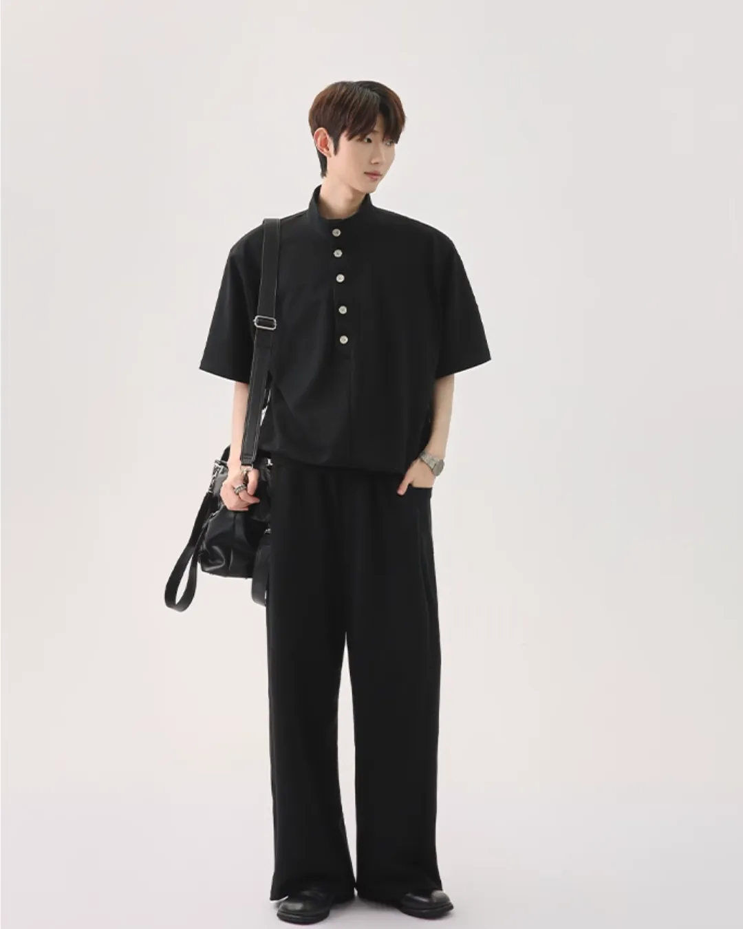 Half Button Short Sleeve Top / Sweat Wide Pants CBJ0119