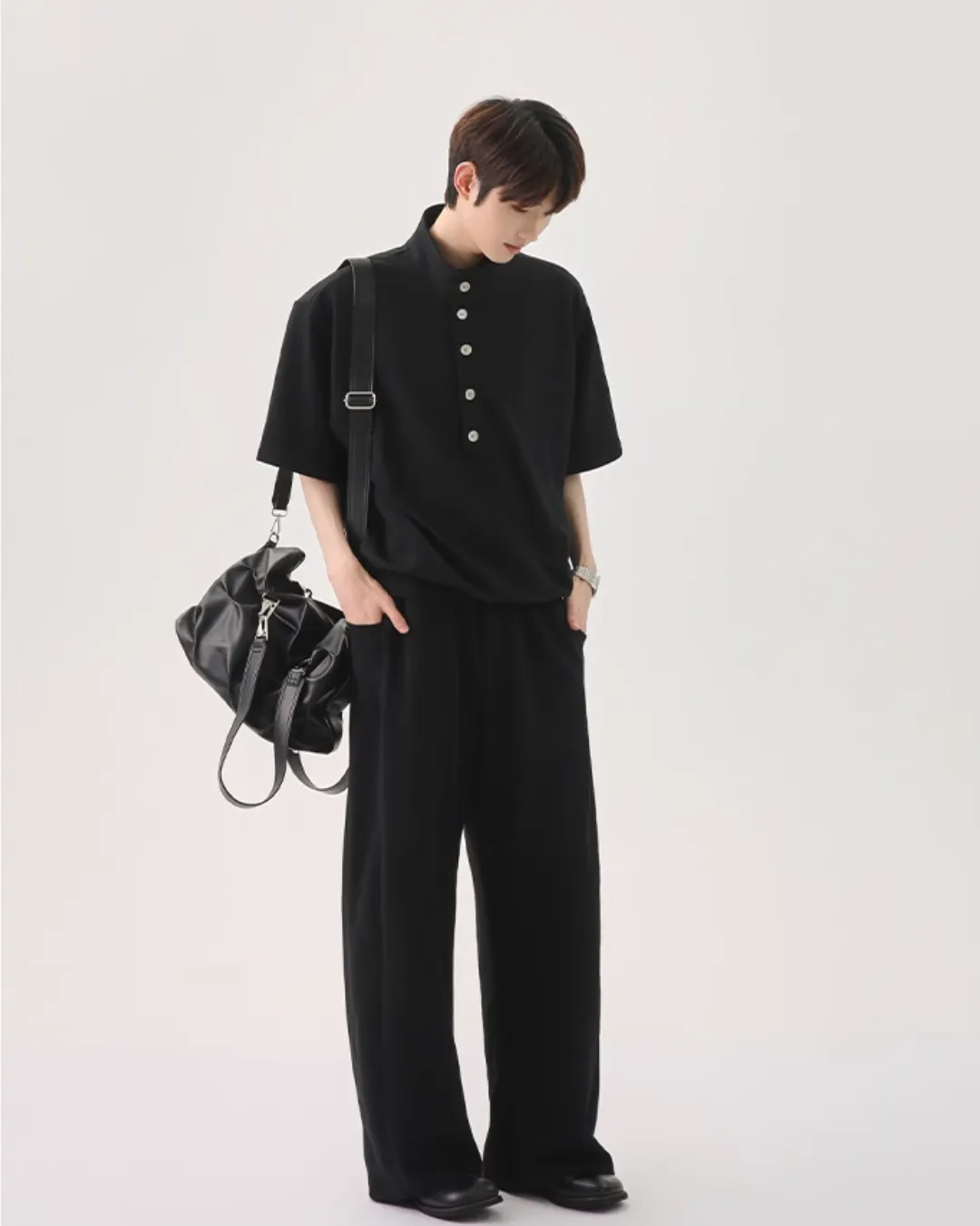 Half Button Short Sleeve Top / Sweat Wide Pants CBJ0119
