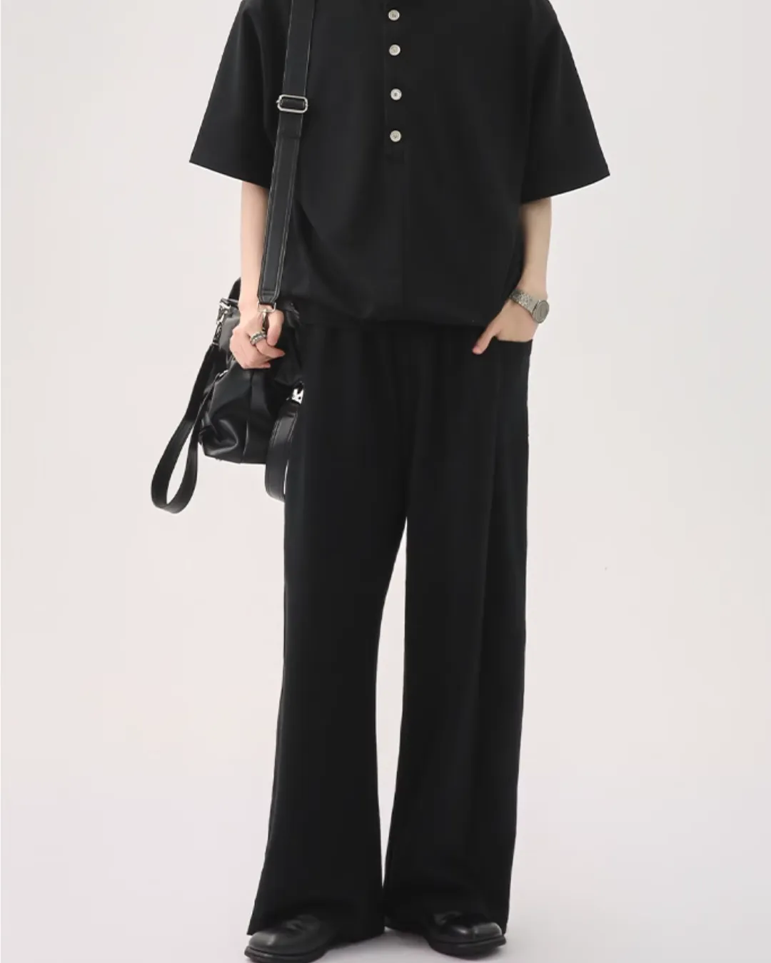 Half Button Short Sleeve Top / Sweat Wide Pants CBJ0119
