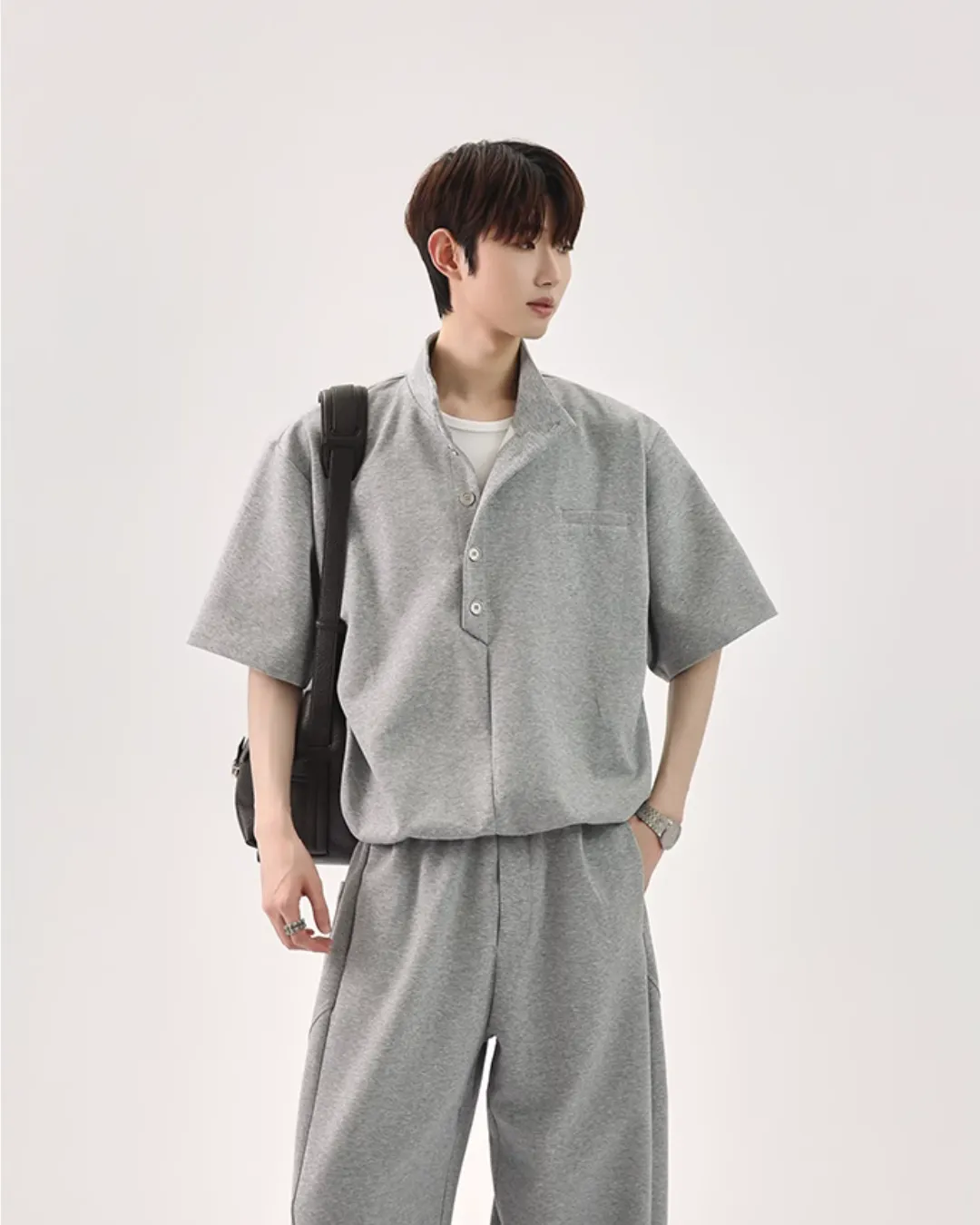 Half Button Short Sleeve Top / Sweat Wide Pants CBJ0119