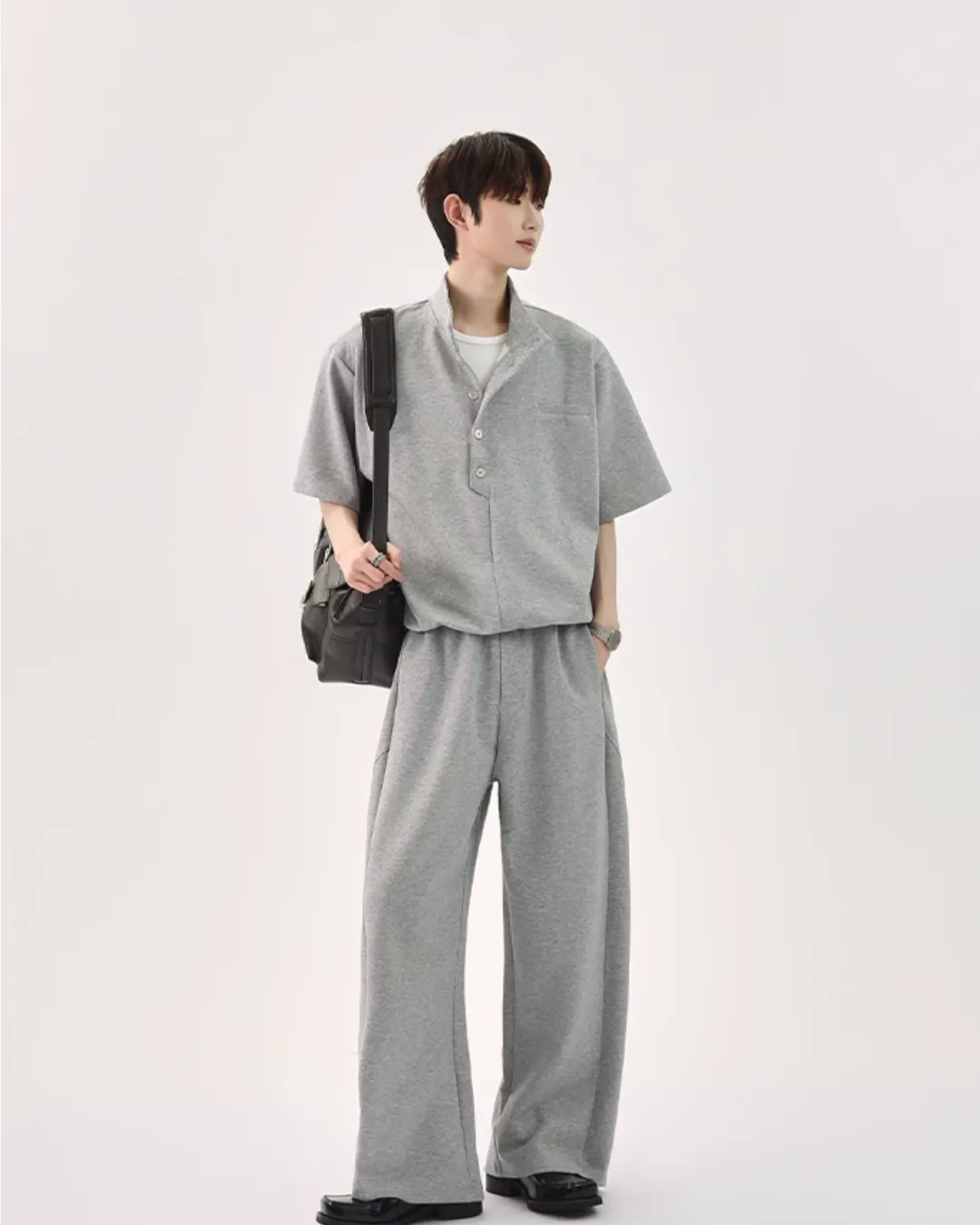 Half Button Short Sleeve Top / Sweat Wide Pants CBJ0119