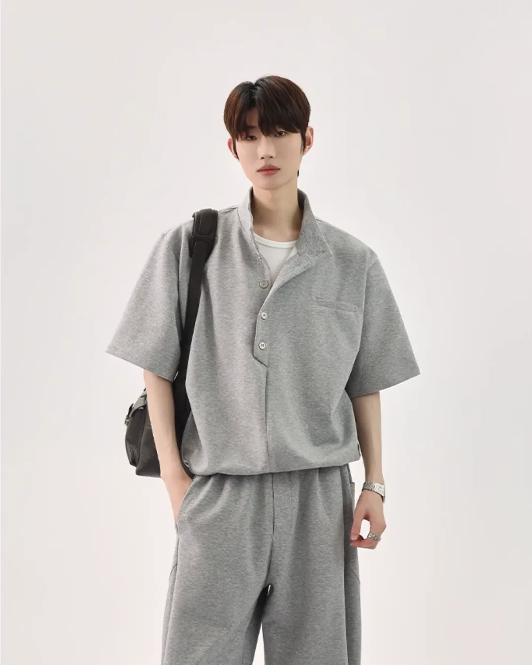 Half Button Short Sleeve Top / Sweat Wide Pants CBJ0119