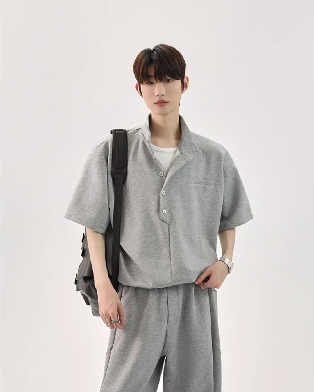 Half Button Short Sleeve Top / Sweat Wide Pants CBJ0119