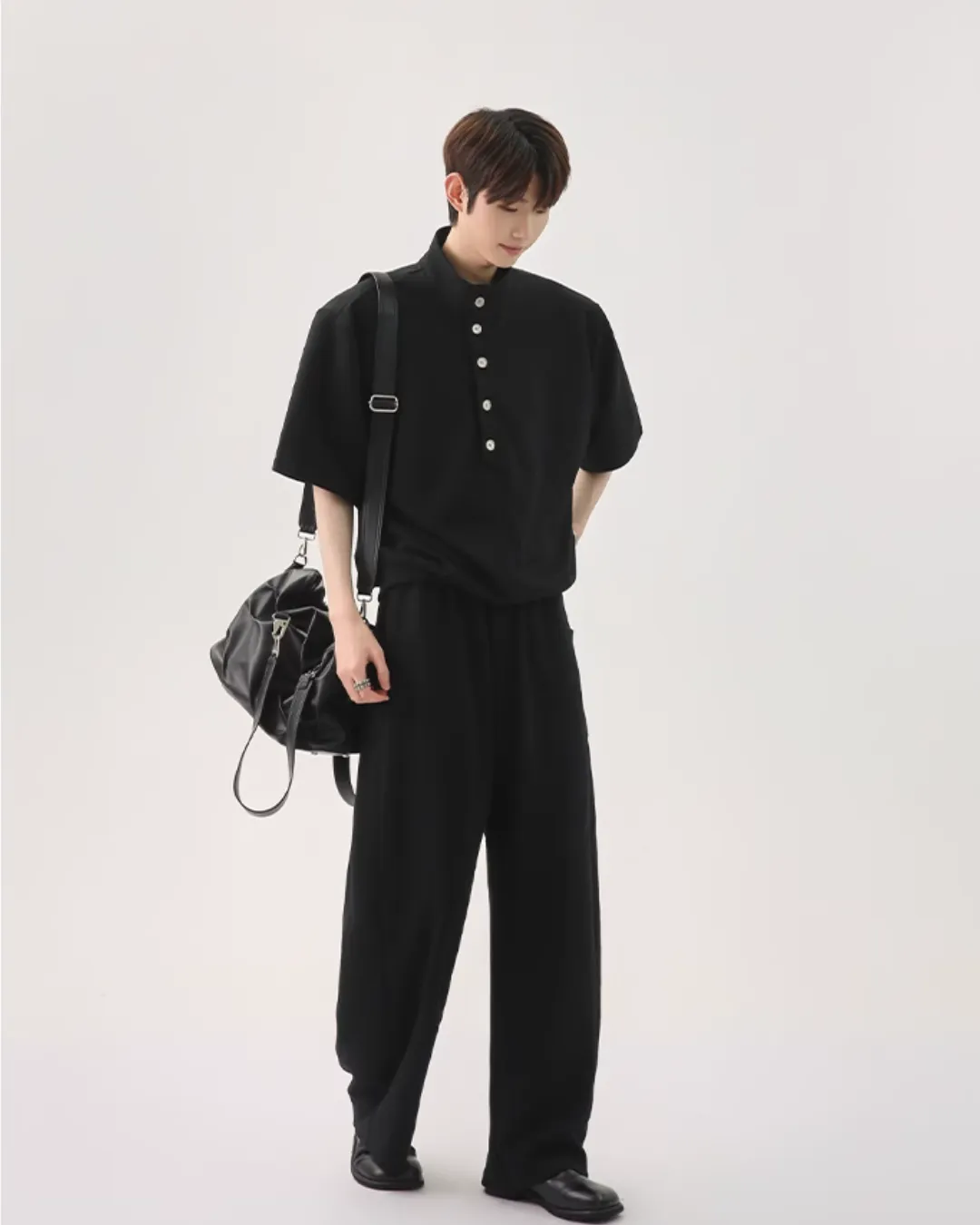 Half Button Short Sleeve Top / Sweat Wide Pants CBJ0119