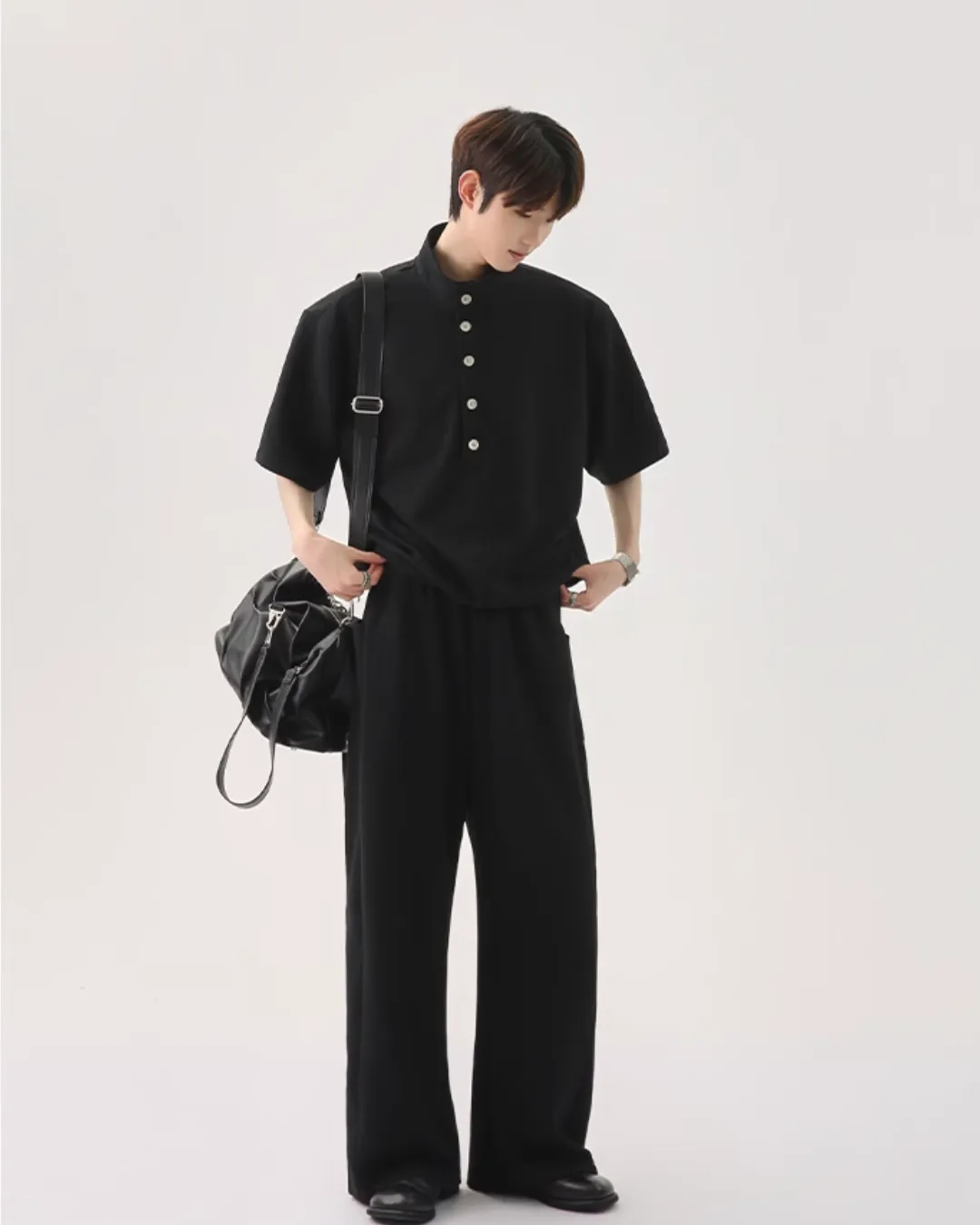 Half Button Short Sleeve Top / Sweat Wide Pants CBJ0119