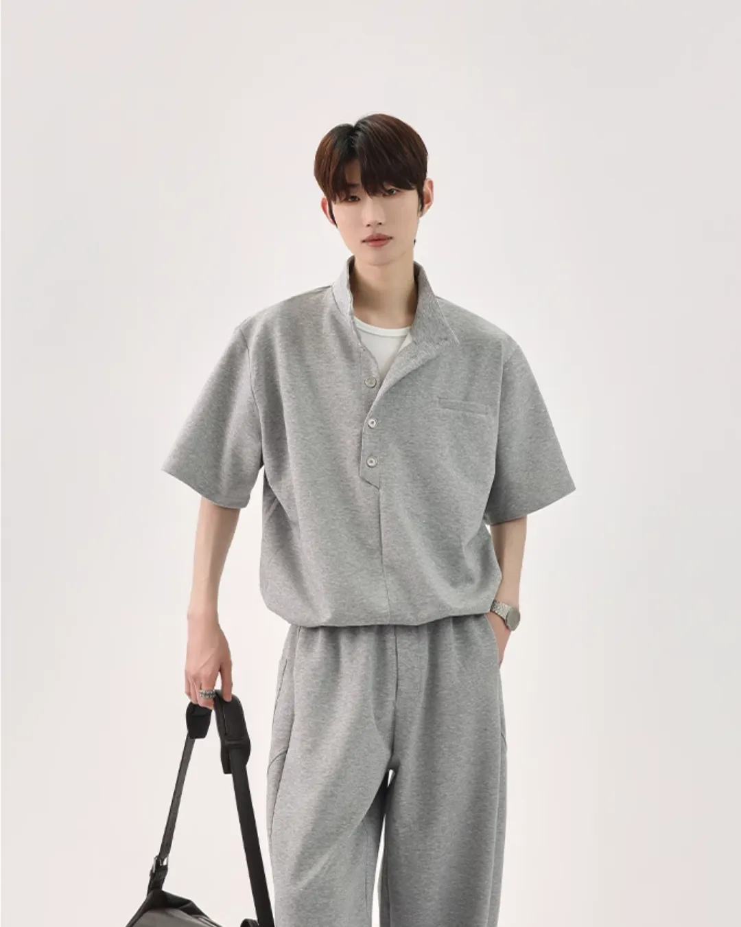 Half Button Short Sleeve Top / Sweat Wide Pants CBJ0119