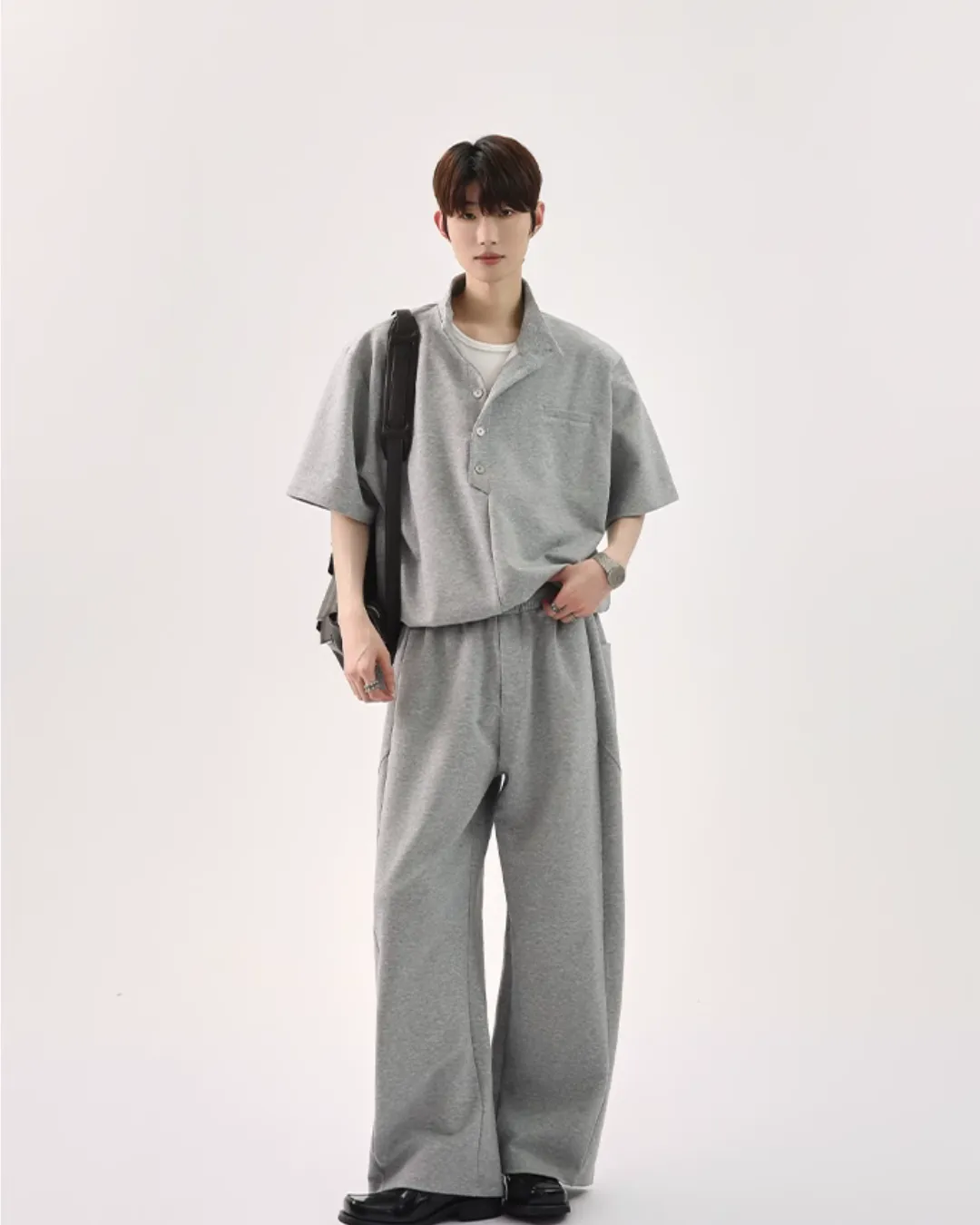 Half Button Short Sleeve Top / Sweat Wide Pants CBJ0119