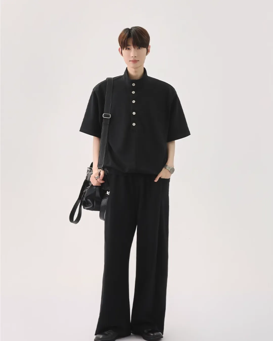 Half Button Short Sleeve Top / Sweat Wide Pants CBJ0119
