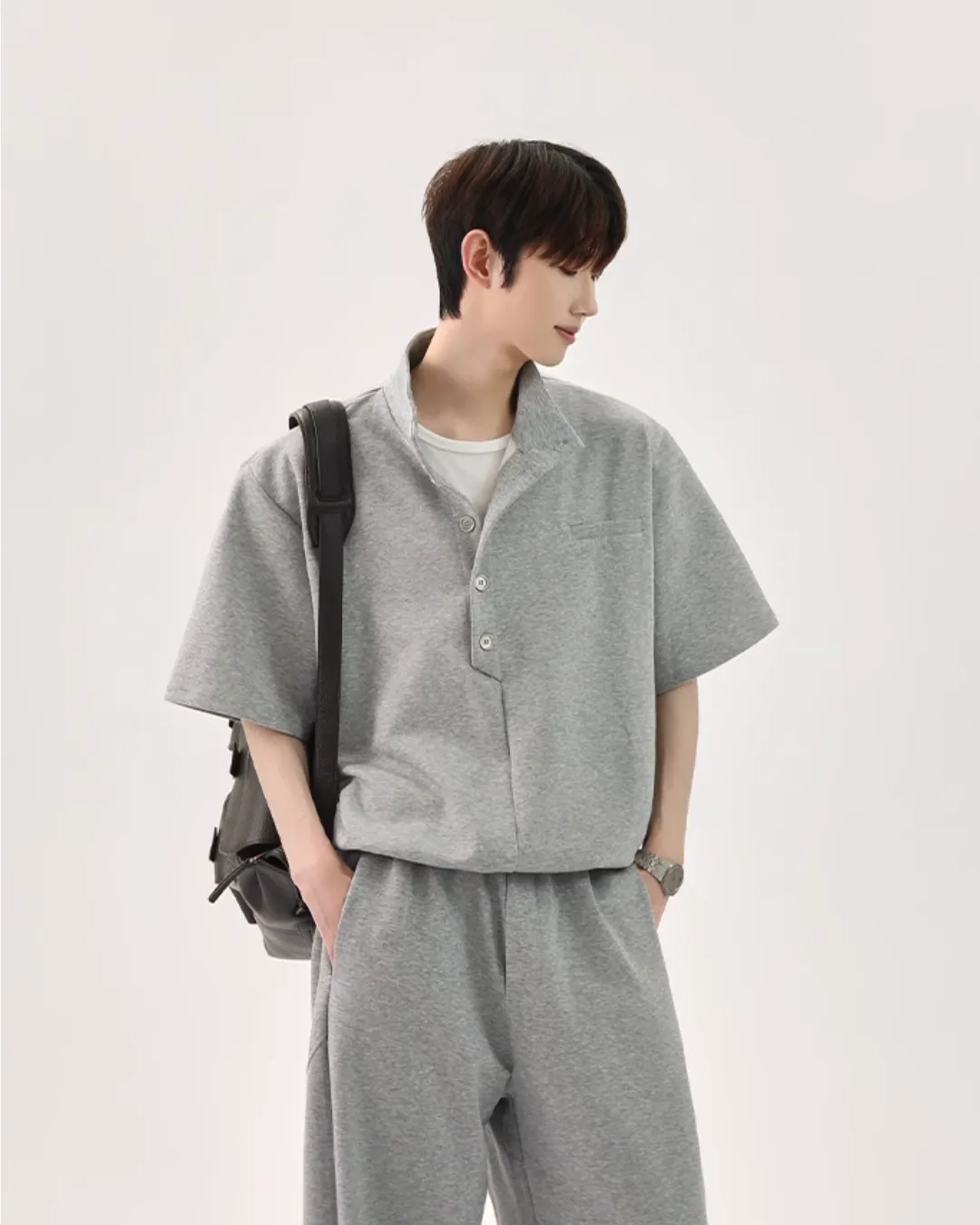 Half Button Short Sleeve Top / Sweat Wide Pants CBJ0119