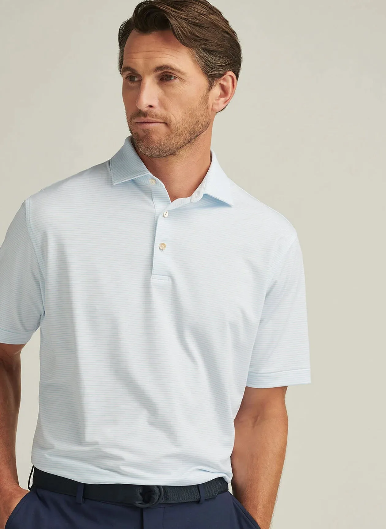 Highlands Performance Jersey Polo by Peter Millar - White/ Maya Blue