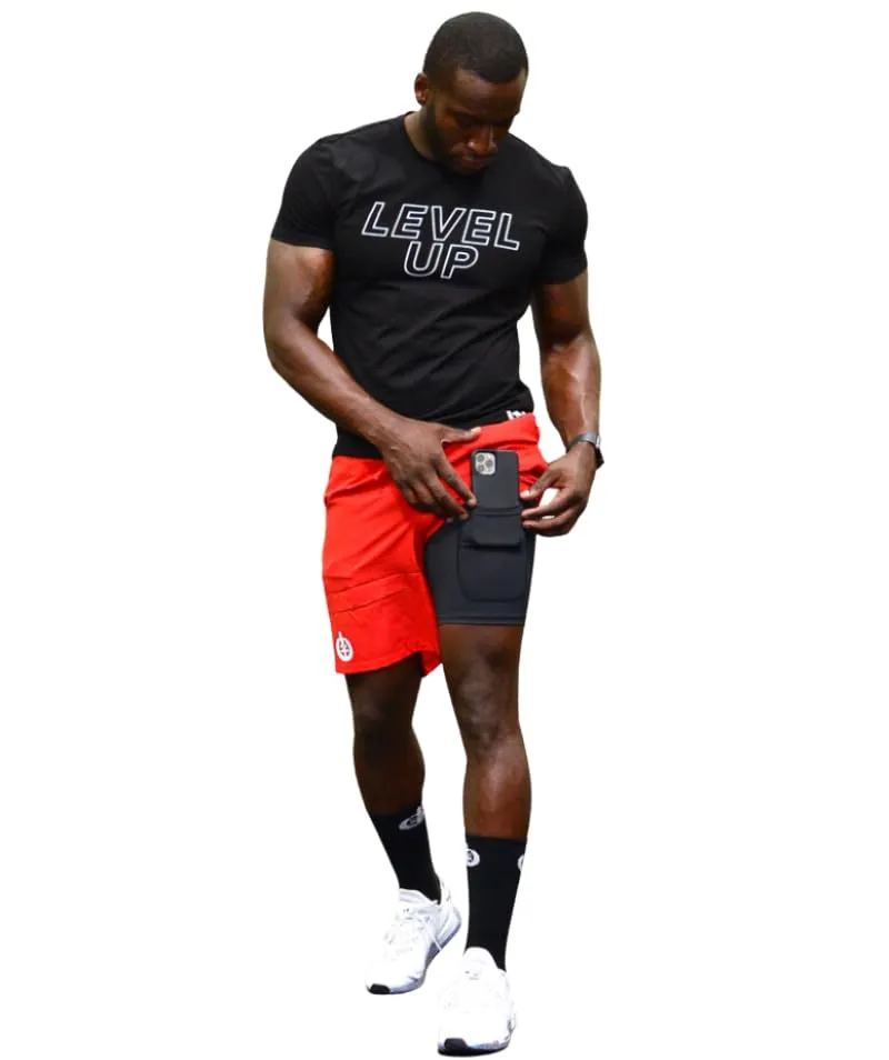 ICONI Men’s 2 in 1 Running Shorts, Quick Dry Workout Shorts, Gym Shorts with Phone Pockets & Internal Spandex (US, Alpha, Medium, Regular, Regular, Red)