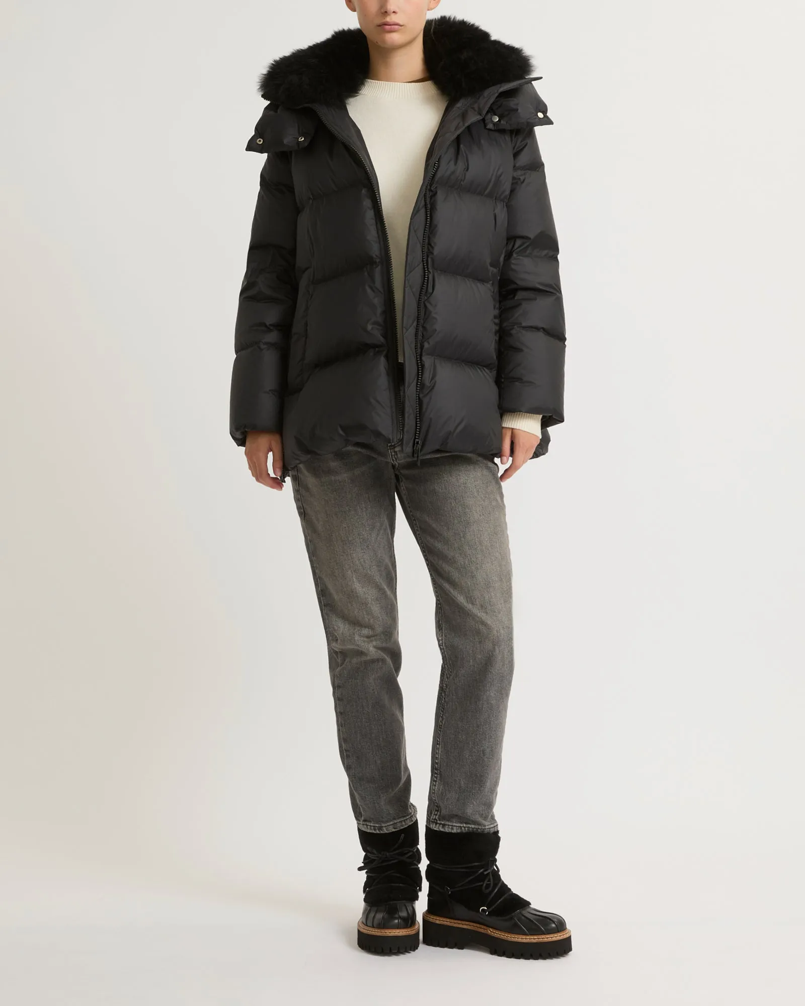 Iconic "A" line down jacket with lambswool collar