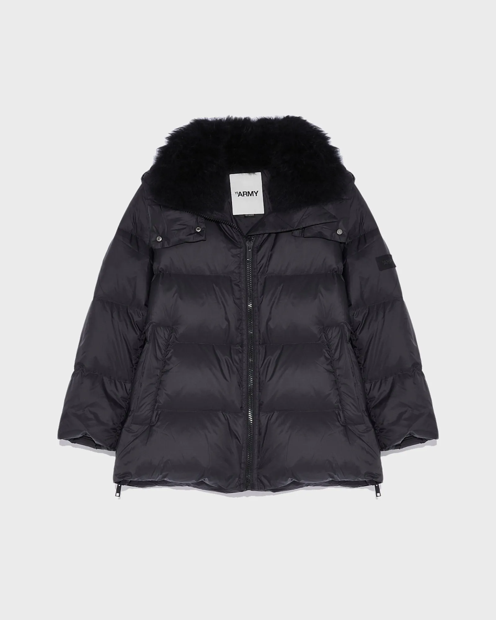 Iconic "A" line down jacket with lambswool collar