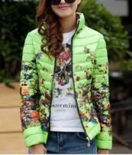 Jacket Slim Down Cotton Parkas Womens Flower Coats Plus Size Zippers Outerwear Woman Clothing LJ2761