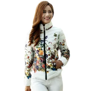 Jacket Slim Down Cotton Parkas Womens Flower Coats Plus Size Zippers Outerwear Woman Clothing LJ2761