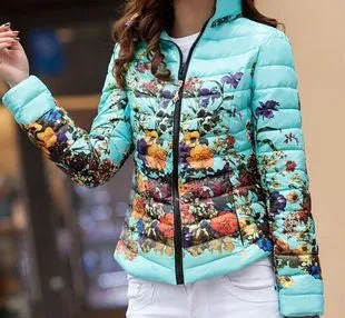 Jacket Slim Down Cotton Parkas Womens Flower Coats Plus Size Zippers Outerwear Woman Clothing LJ2761