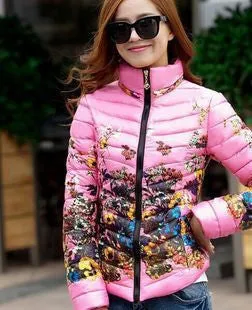 Jacket Slim Down Cotton Parkas Womens Flower Coats Plus Size Zippers Outerwear Woman Clothing LJ2761