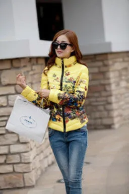 Jacket Slim Down Cotton Parkas Womens Flower Coats Plus Size Zippers Outerwear Woman Clothing LJ2761
