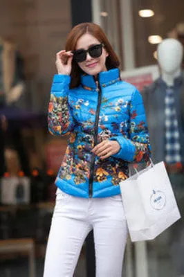 Jacket Slim Down Cotton Parkas Womens Flower Coats Plus Size Zippers Outerwear Woman Clothing LJ2761