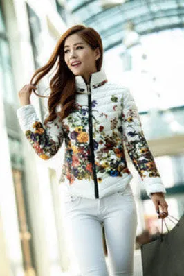 Jacket Slim Down Cotton Parkas Womens Flower Coats Plus Size Zippers Outerwear Woman Clothing LJ2761