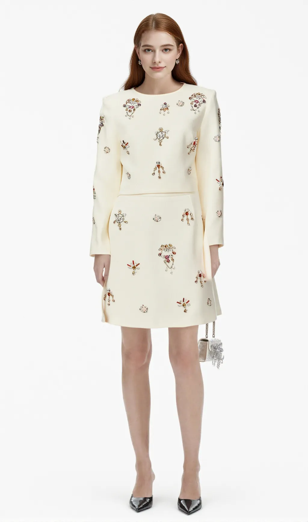 Jeanne white crystal-embellished top & skirt matching set