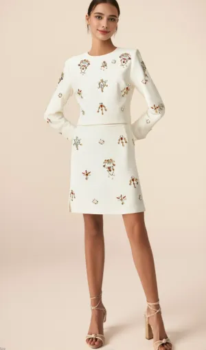 Jeanne white crystal-embellished top & skirt matching set