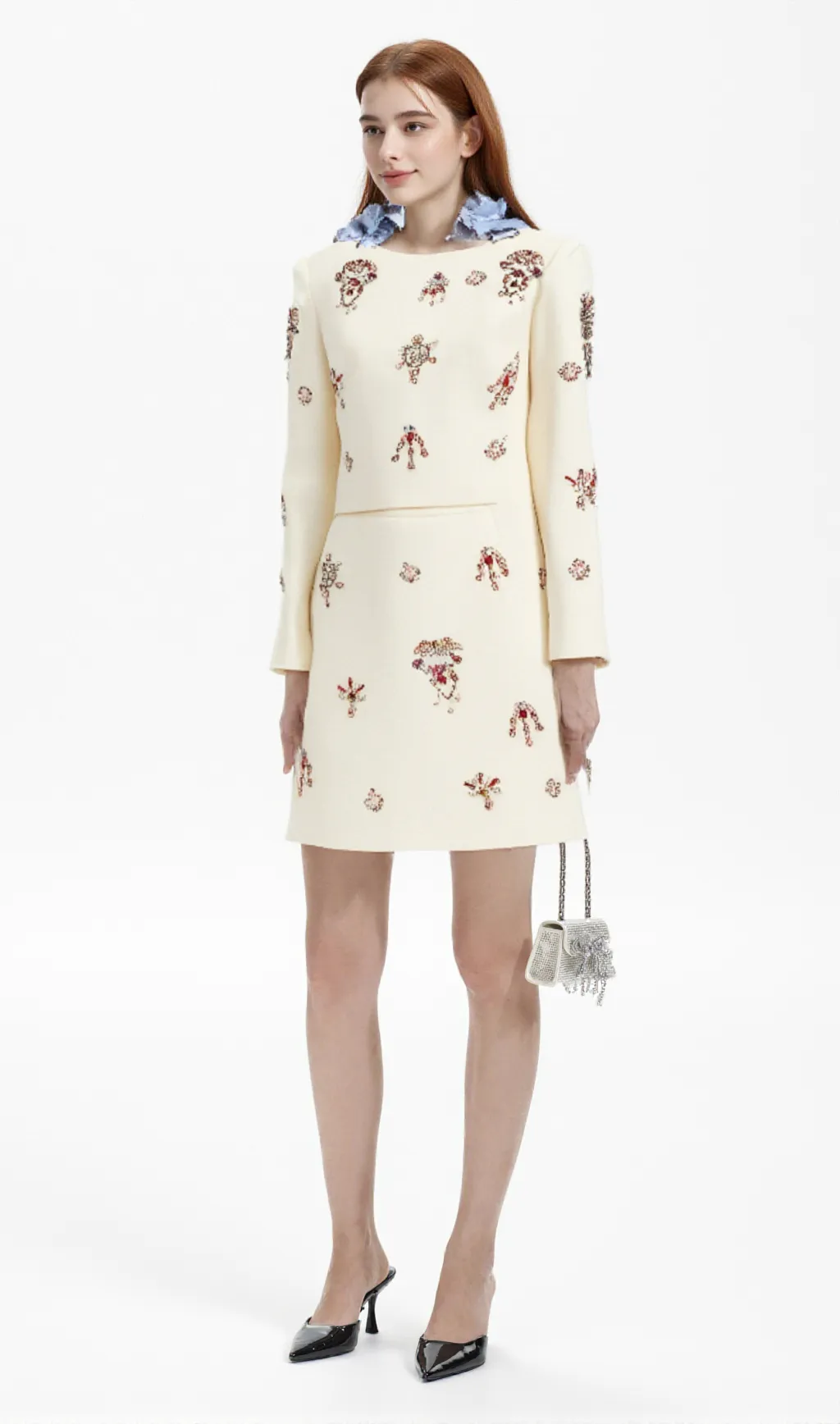 Jeanne white crystal-embellished top & skirt matching set