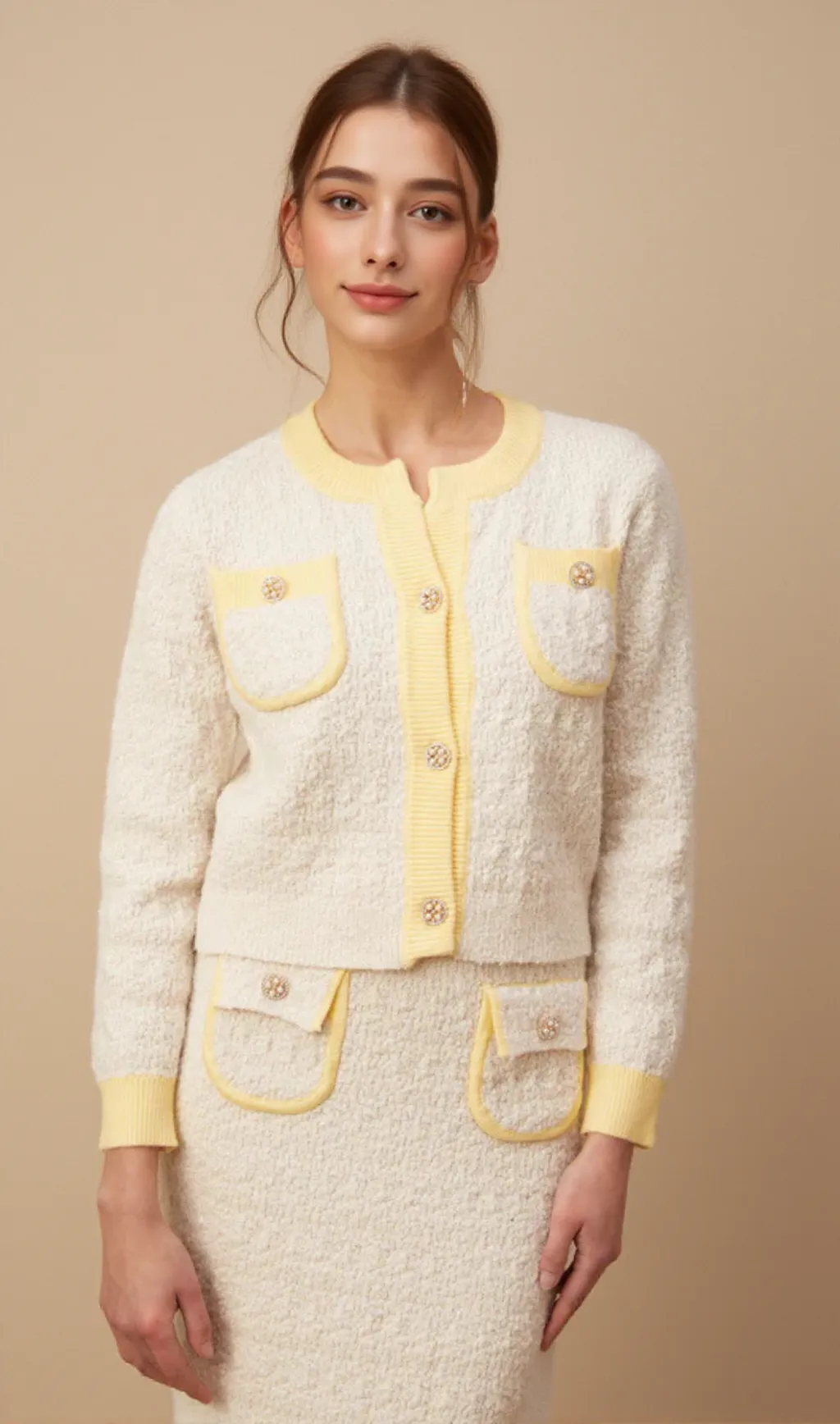 Jessie white textured knit cardigan & skirt matching set