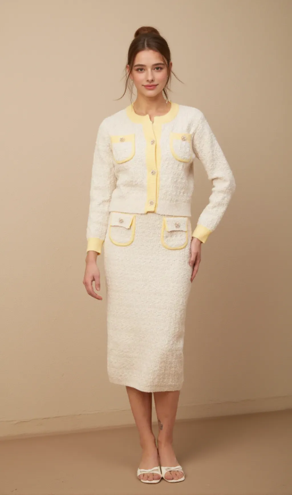 Jessie white textured knit cardigan & skirt matching set