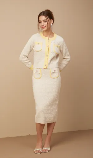 Jessie white textured knit cardigan & skirt matching set