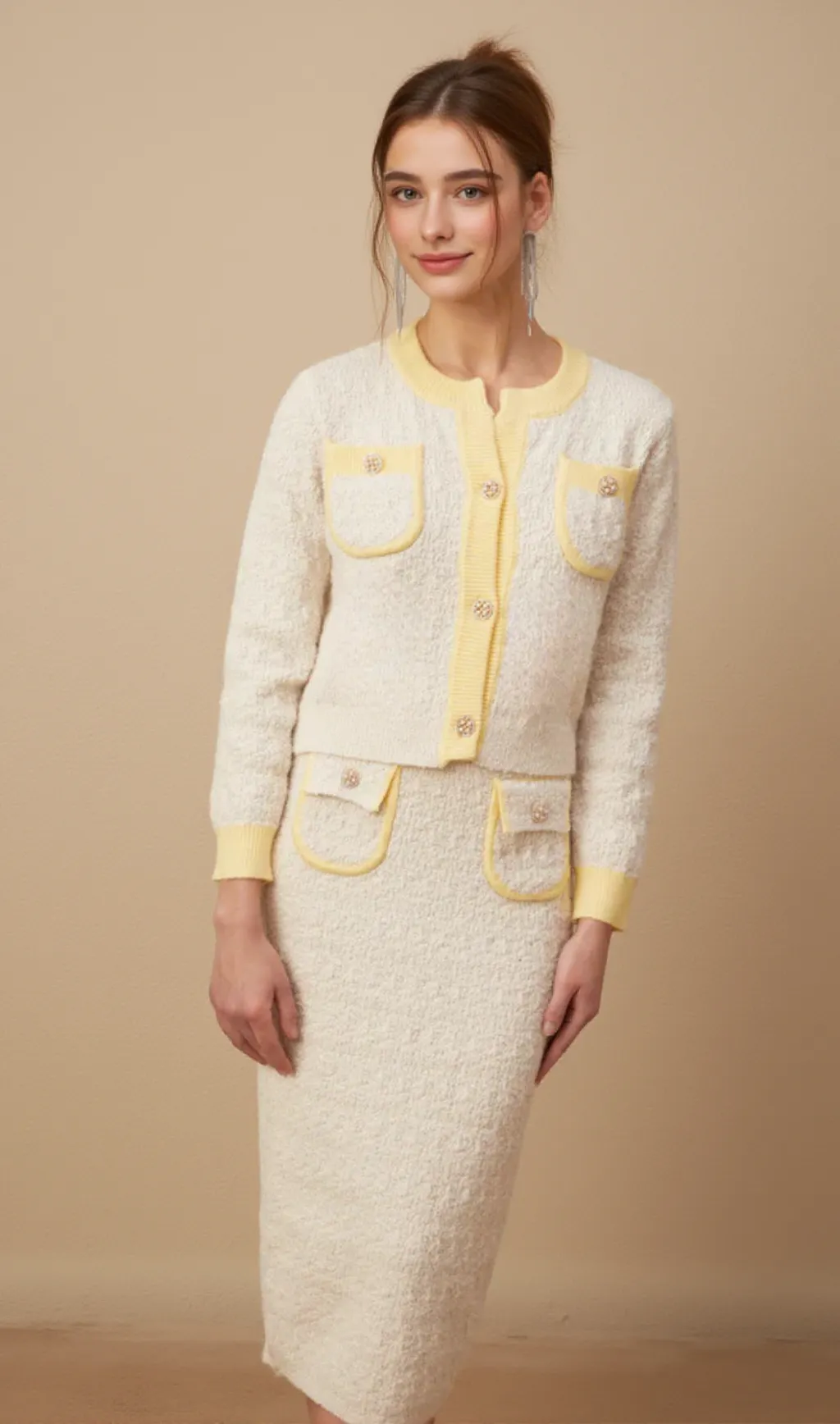 Jessie white textured knit cardigan & skirt matching set